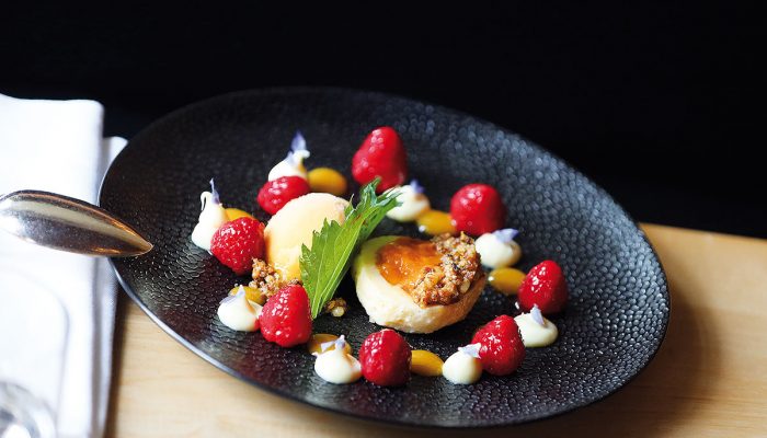 Aprikosen-Topfenknödel und Aprikosensorbet mit Shisoblättern und Weißer Schokoladen-Ganache mit Himbeeren
